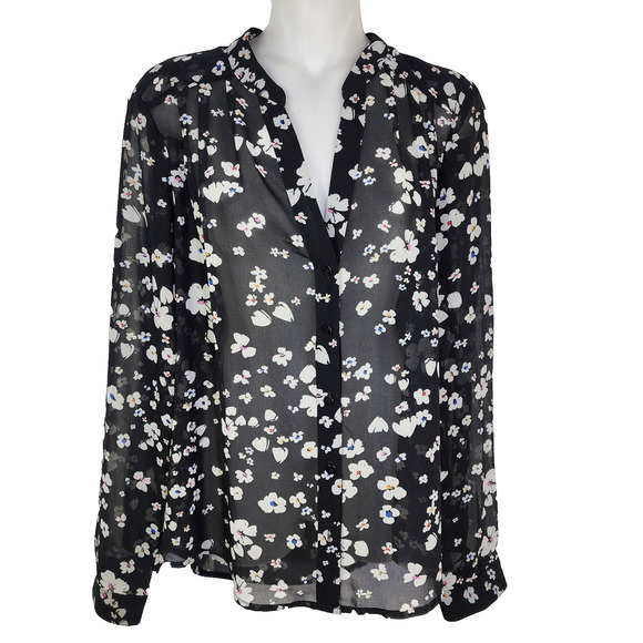 CAbi Womens Delight Blouse Black White Floral Button Front Sheer 6079 Small Prep - Picture 1 of 11